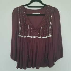 Abercrombie & Fitch burgandy boho tie blouse XS